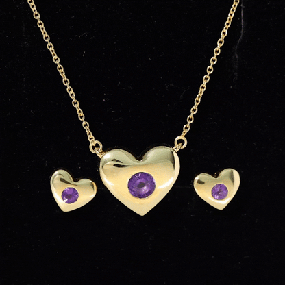 Real Amethyst Heart Necklace and Earrings Set