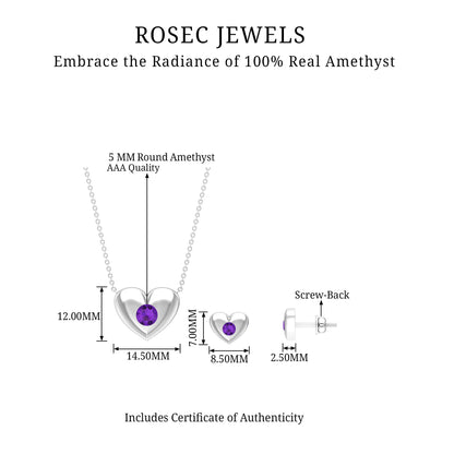 Real Amethyst Heart Necklace and Earrings Set