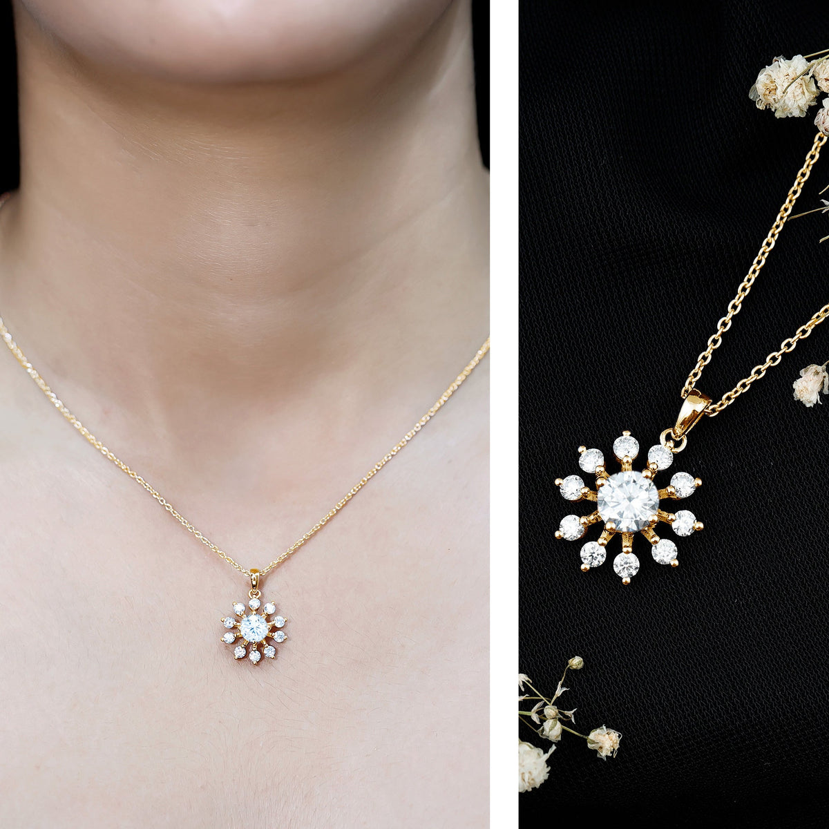 Certified Moissanite Snowflake Necklace in Yellow Gold Plated Silver