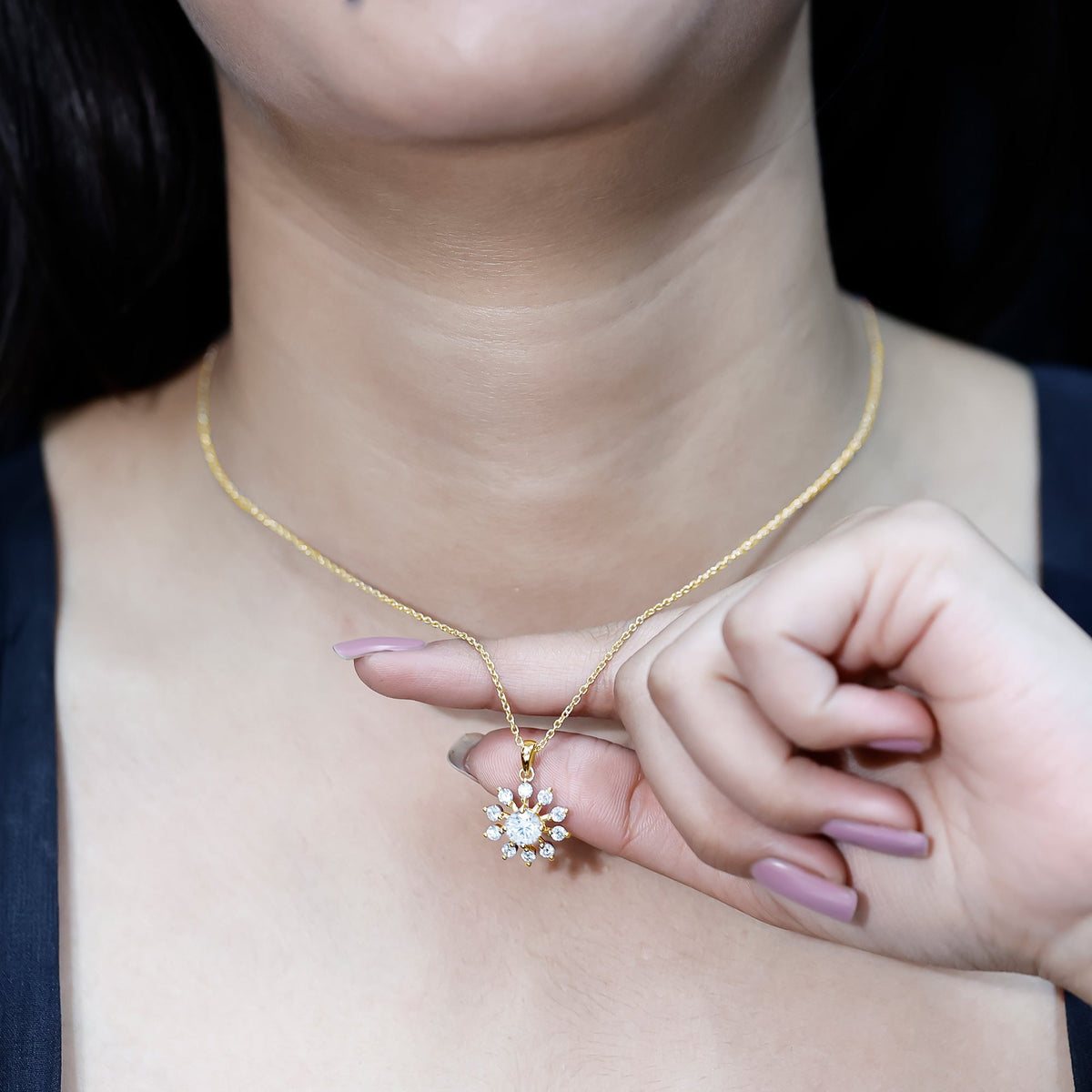 Certified Moissanite Snowflake Necklace in Yellow Gold Plated Silver