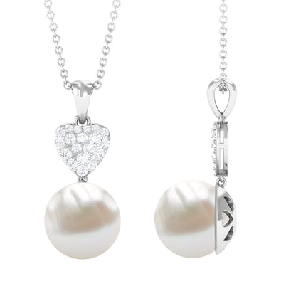 8 CT Bead Set Freshwater Pearl and Diamond Heart Dangle Pendant Necklace