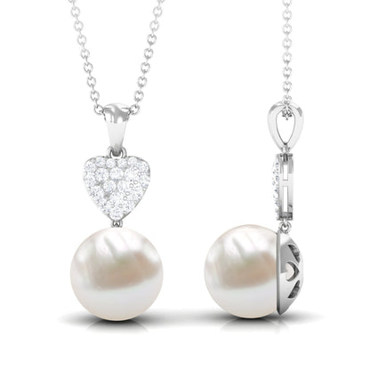 8 CT Bead Set Freshwater Pearl and Diamond Heart Dangle Pendant Necklace