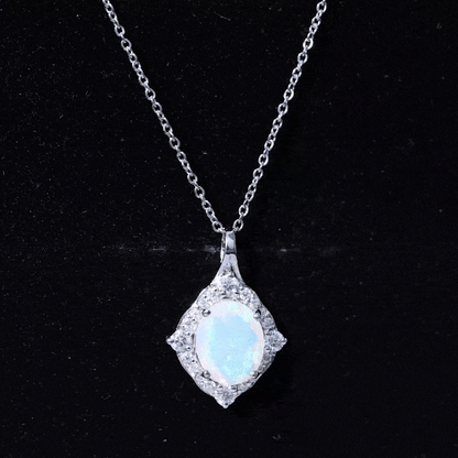 1.3 Carat Oval Cut Rainbow Opal Art Deco Necklace with Moissanite Halo