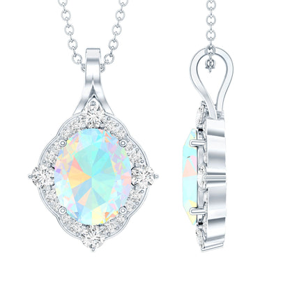 1.3 Carat Oval Cut Rainbow Opal Art Deco Necklace with Moissanite Halo
