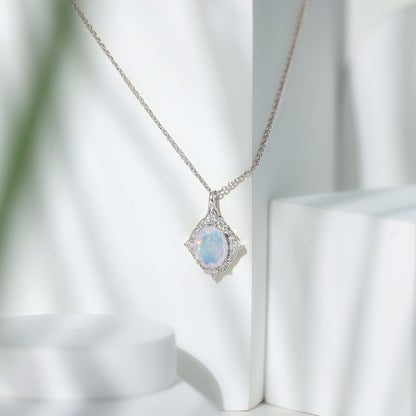 1.3 Carat Oval Cut Rainbow Opal Art Deco Necklace with Moissanite Halo