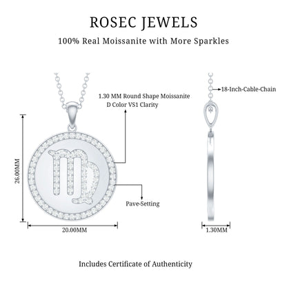 Virgo Zodiac Sign Disc Pendant with Pave Set Moissanite