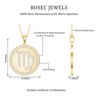 Virgo Zodiac Sign Disc Pendant with Pave Set Moissanite