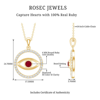 Real Ruby and Diamond Evil Eye Pendant Necklace