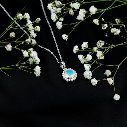 Real Ethiopian Opal Necklace With Moissanite Halo