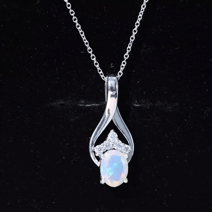 Natural Oval Ethiopian Opal and Moissanite Teardrop Necklace With Chain