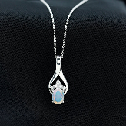 Natural Oval Ethiopian Opal and Moissanite Teardrop Necklace With Chain