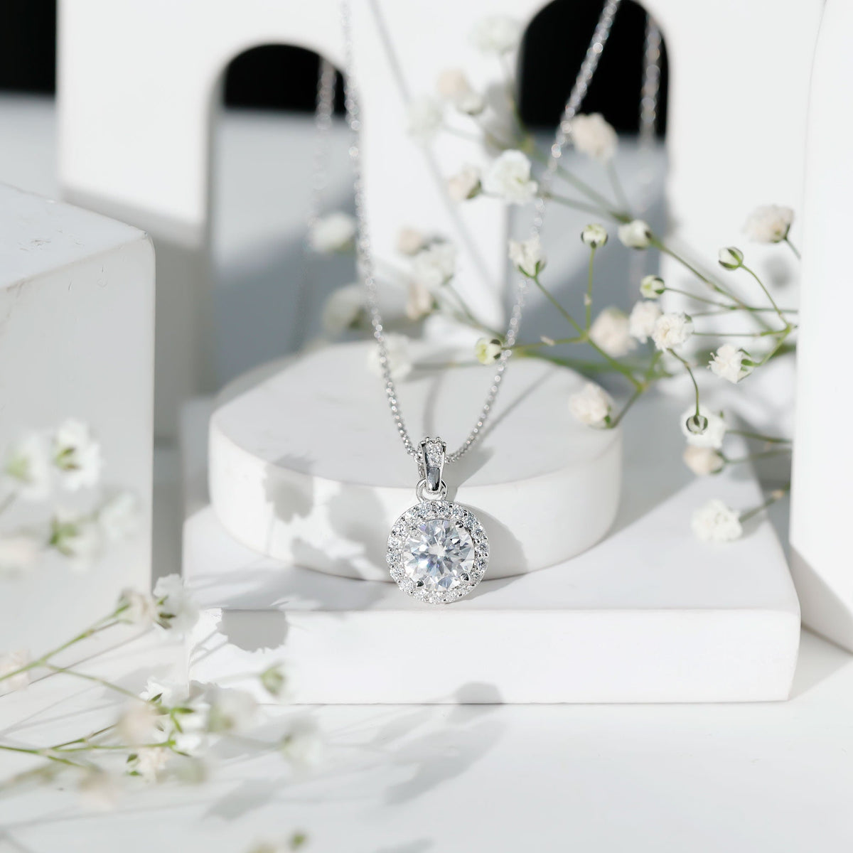 Round Moissanite Classic Halo Pendant Necklace