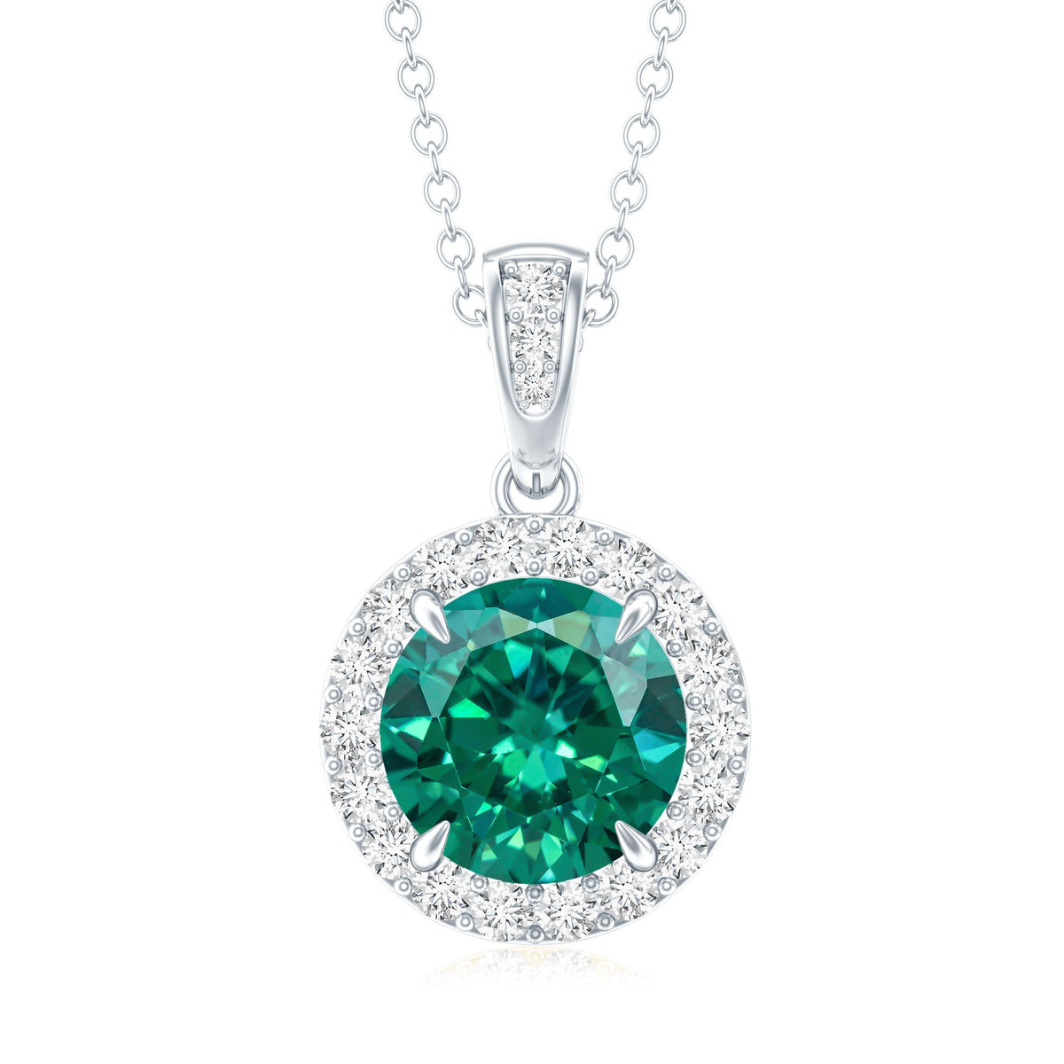 2 Carat Round Cut Lab Grown Emerald and Diamond Halo Necklace