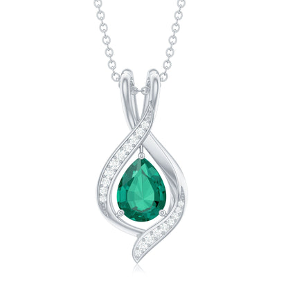 1 Carat Pear Cut Lab Created Emerald Teardrop Pendant with Diamond