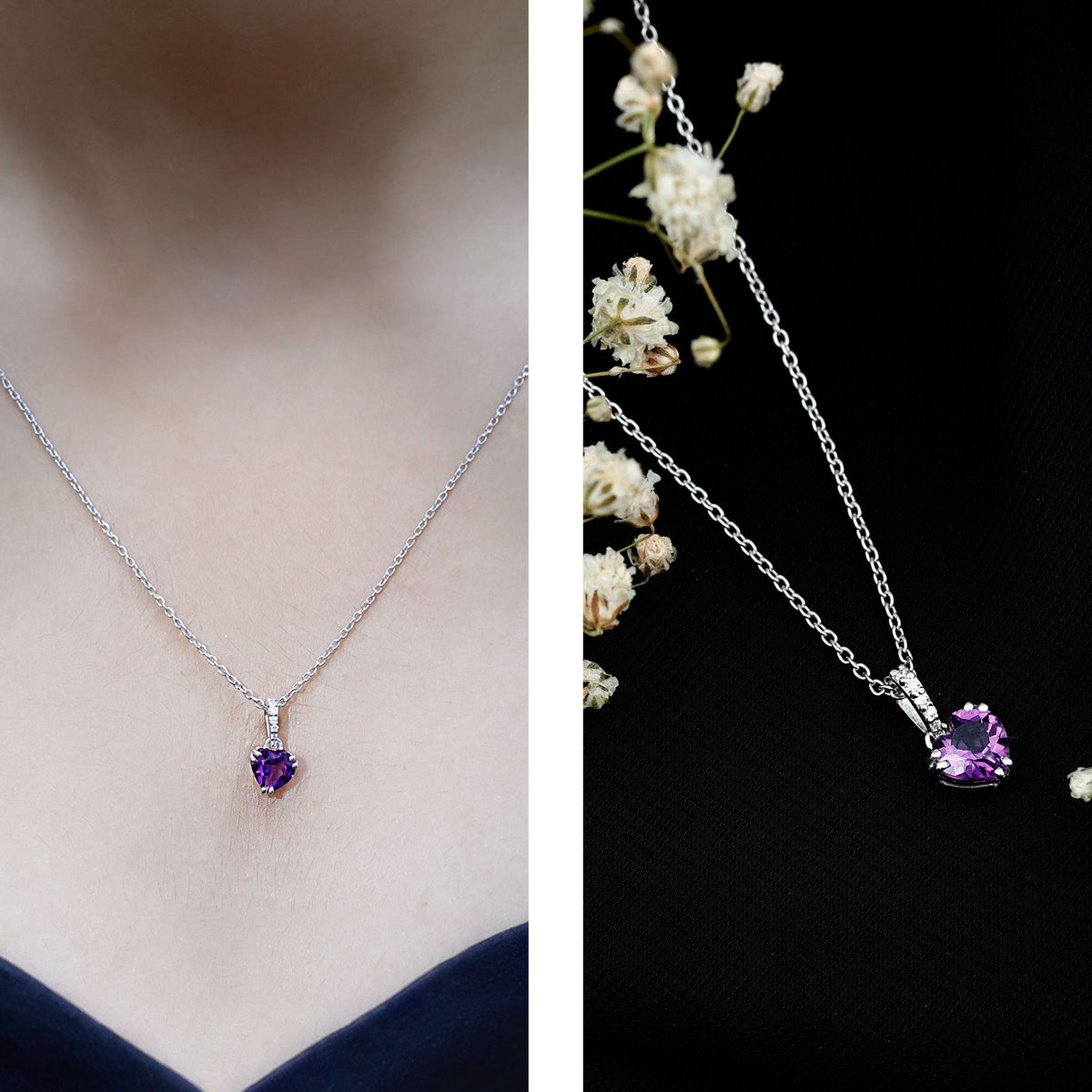 Certified Solitaire Amethyst Heart Necklace with Diamond