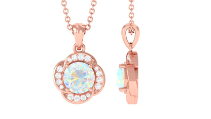 0.8 Carat Round Shape Ethiopian Opal and Diamond Flower Necklace