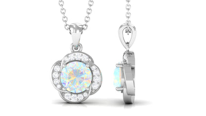 0.8 Carat Round Shape Ethiopian Opal and Diamond Flower Necklace