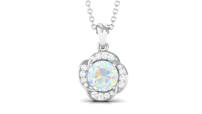 0.8 Carat Round Shape Ethiopian Opal and Diamond Flower Necklace