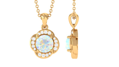 0.8 Carat Round Shape Ethiopian Opal and Diamond Flower Necklace