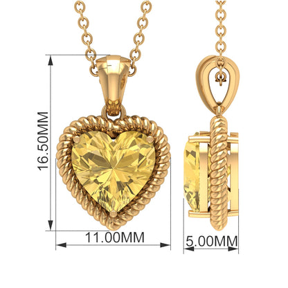 Natural Heart Shape 2 Carat Citrine Pendant Necklace with Rope Frame