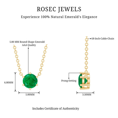 5MM Round Cut Solitaire Emerald Necklace in 6 Prong Setting