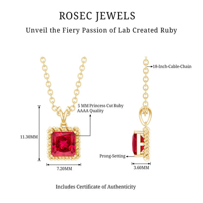 Princess Cut Lab Created Ruby Solitaire Pendant with Rope Frame