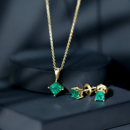 Natural Princess Cut Emerald Solitaire Jewelry Set