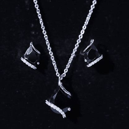 Pear Shaped Black Spinel and Moissanite Teardrop Necklace Earrings Set