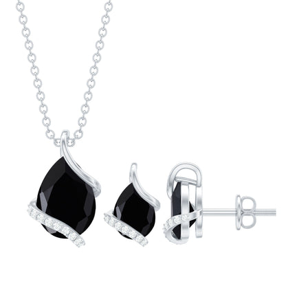 Pear Shaped Black Spinel and Moissanite Teardrop Necklace Earrings Set