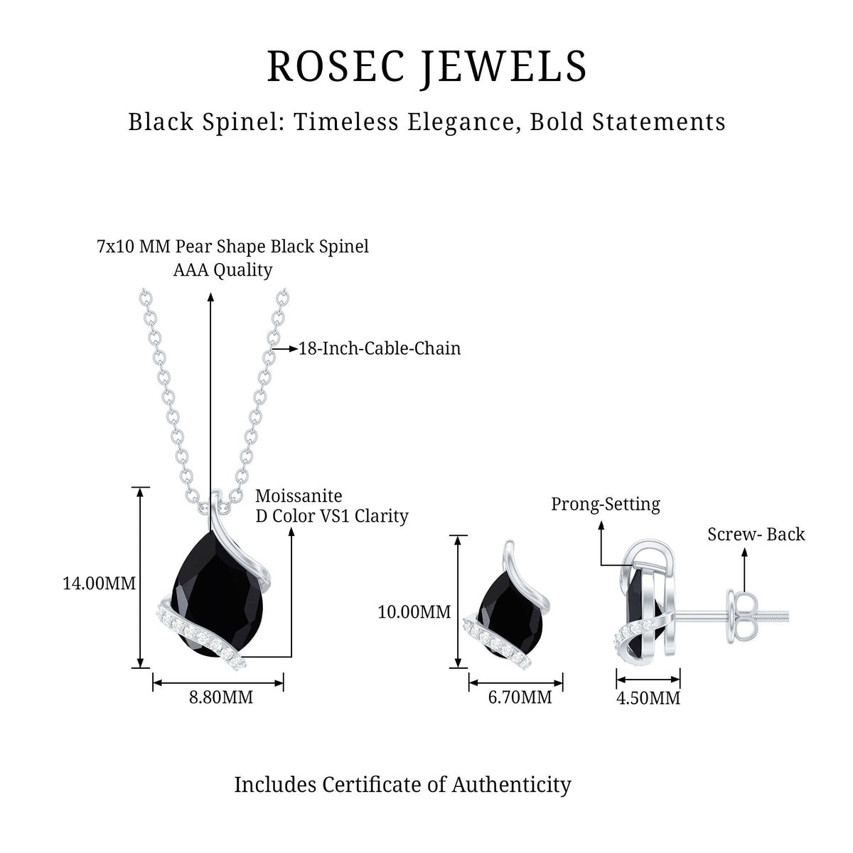 Pear Shaped Black Spinel and Moissanite Teardrop Necklace Earrings Set