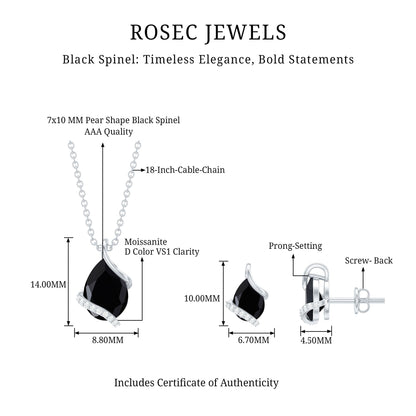 Pear Shaped Black Spinel and Moissanite Teardrop Necklace Earrings Set