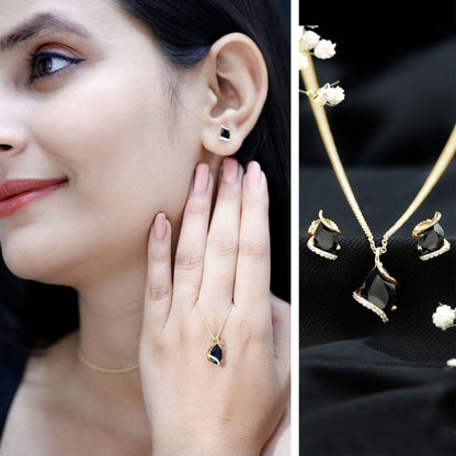Pear Shaped Black Spinel and Moissanite Teardrop Necklace Earrings Set