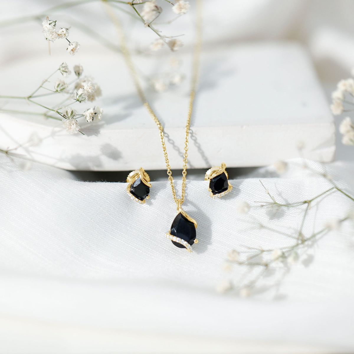 Pear Shaped Black Spinel and Moissanite Teardrop Necklace Earrings Set
