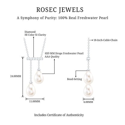 Genuine Freshwater Pearl and Diamond Bar Drop Necklace with Certificate