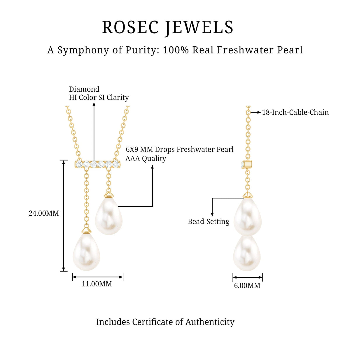 Genuine Freshwater Pearl and Diamond Bar Drop Necklace with Certificate