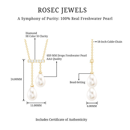 Genuine Freshwater Pearl and Diamond Bar Drop Necklace with Certificate