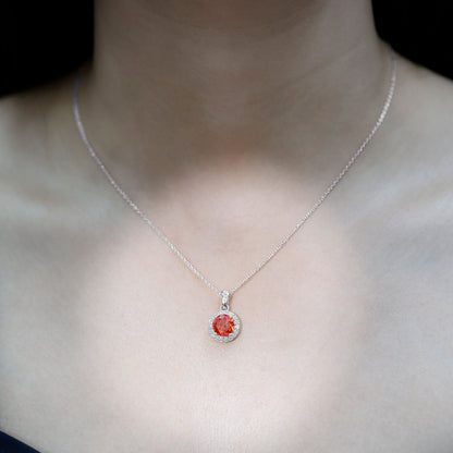 Created Orange Sapphire Pendant Necklace with Diamond Halo