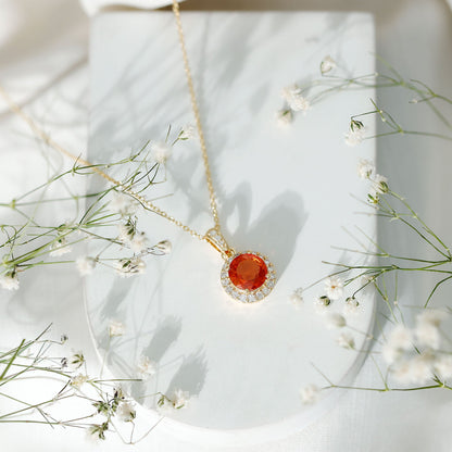 Created Orange Sapphire Pendant Necklace with Diamond Halo
