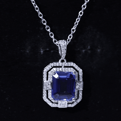 2.7 Carat Emerald Cut Lab Created Blue Sapphire Vintage Necklace with Diamond
