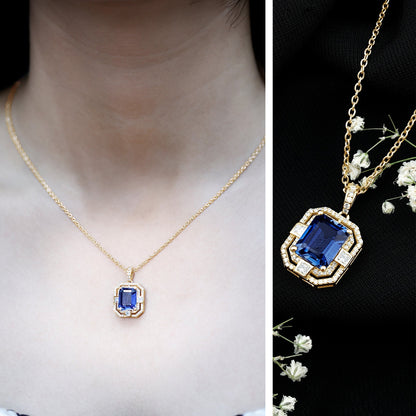 2.7 Carat Emerald Cut Lab Created Blue Sapphire Vintage Necklace with Diamond