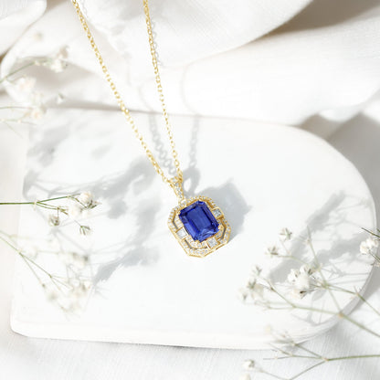 2.7 Carat Emerald Cut Lab Created Blue Sapphire Vintage Necklace with Diamond