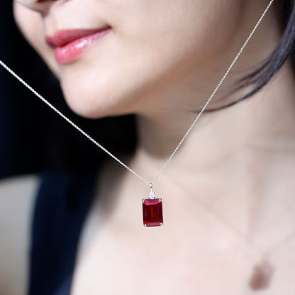 5 Carat Emerald Cut Lab Created Ruby Solitaire Pendant with Diamond