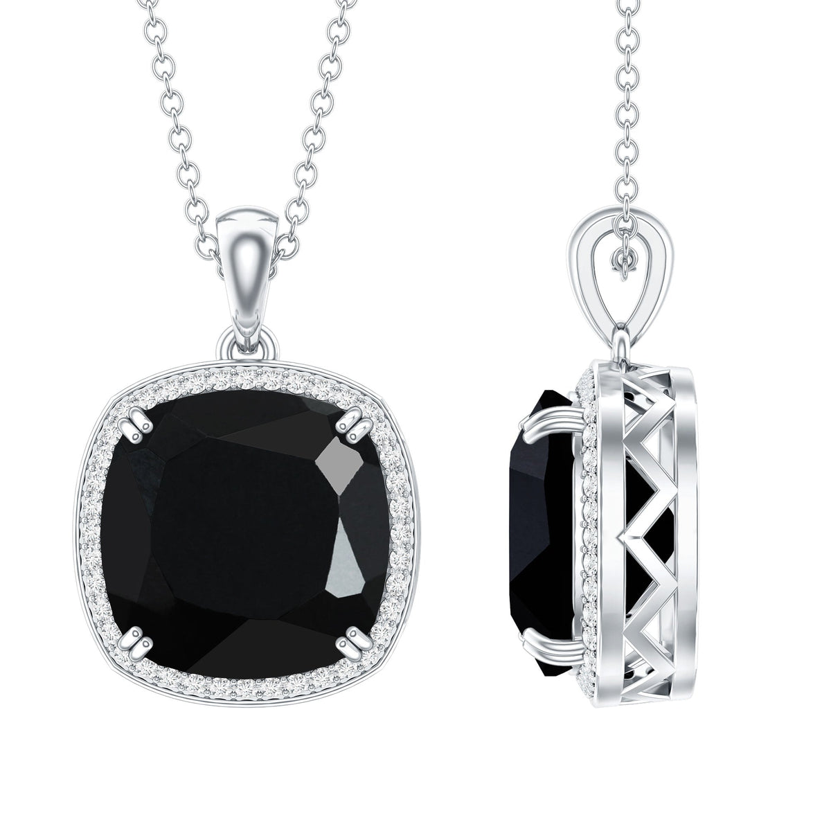 6 Carat Cushion Cut Lab Grown Black and White Diamond Halo Necklace