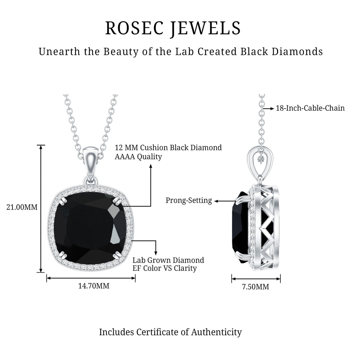 6 Carat Cushion Cut Lab Grown Black and White Diamond Halo Necklace