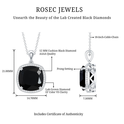 6 Carat Cushion Cut Lab Grown Black and White Diamond Halo Necklace