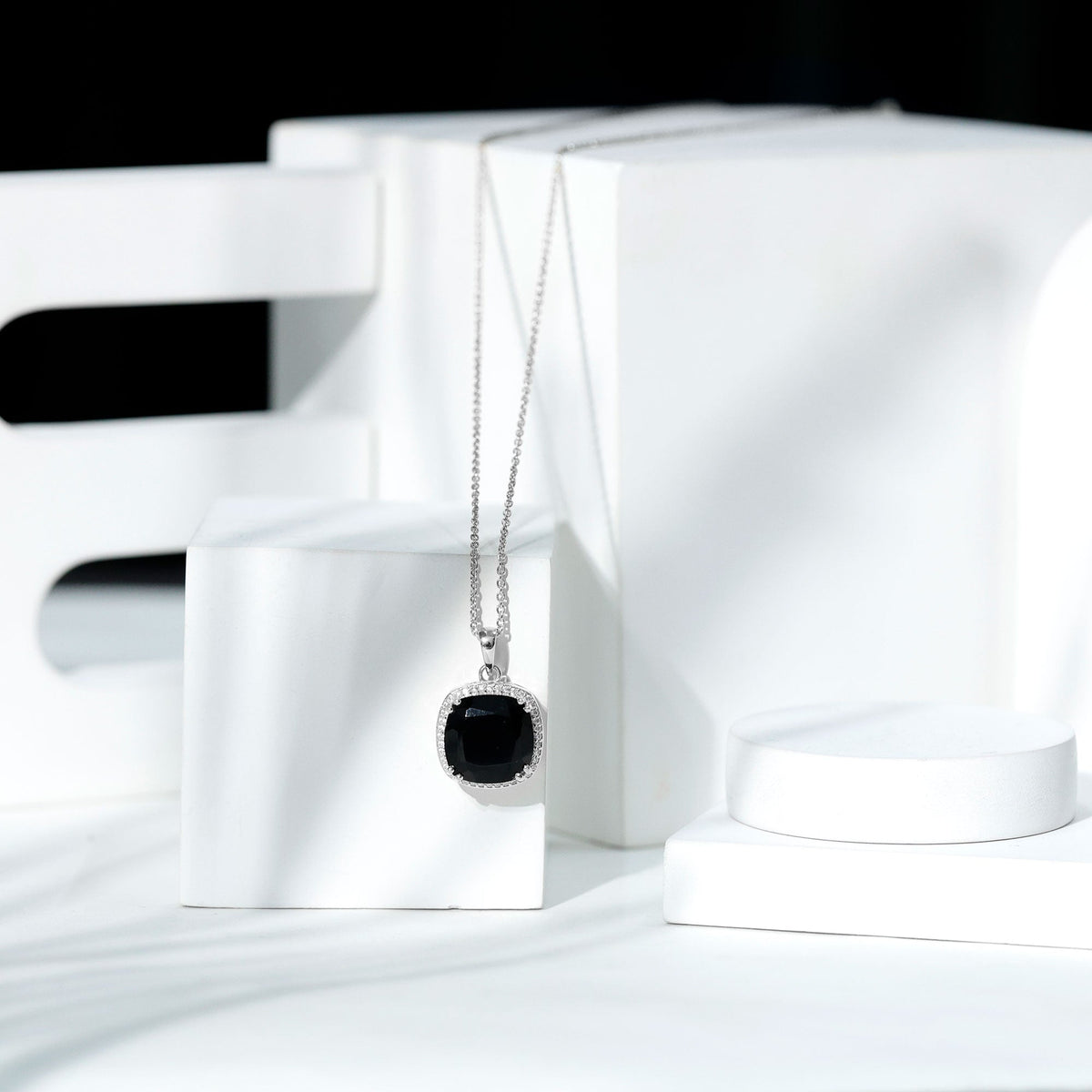 6 Carat Cushion Cut Lab Grown Black and White Diamond Halo Necklace