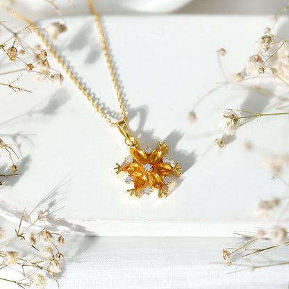 Certified Citrine Flower Pendant Necklace with Silver Chain