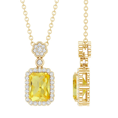 Vintage Inspired 1 Carat Lab Created Yellow Sapphire Necklace with Diamond Halo