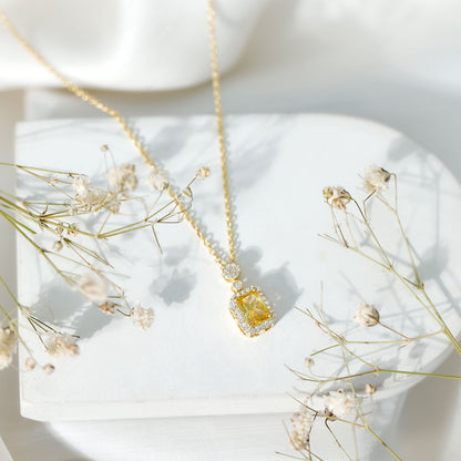 Vintage Inspired 1 Carat Lab Created Yellow Sapphire Necklace with Diamond Halo