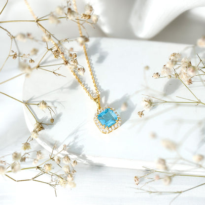 Certified 3 Carat Asscher Cut Swiss Blue Topaz Pendant Necklace with Diamond Halo